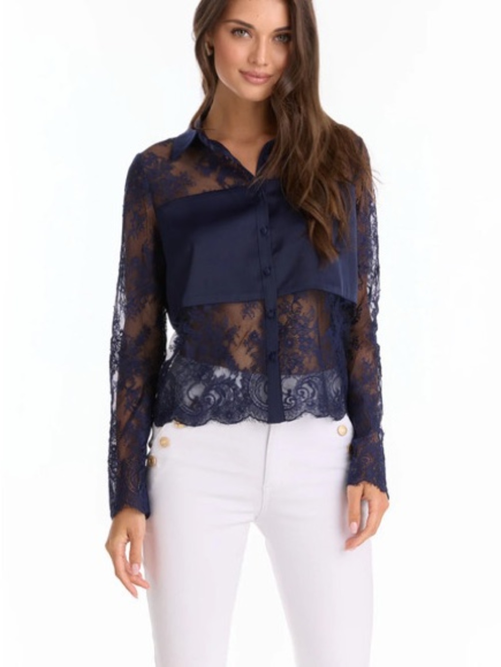 The Noli Shop Navy Vienna Lace Satin Blouse Extra Small Elegant Office Siren